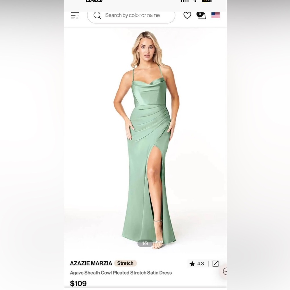 Azazie Marzia Agave Green Stretch Satin Cowl Neck Dress